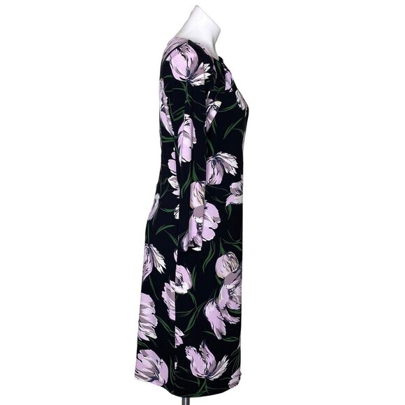 Ann Taylor Factory Floral Print Black & Lilac Dress 3/4 Sleeves Size 10 - Picture 4 of 9